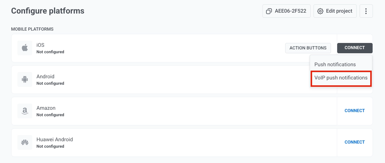 เมนูดรอปดาวน์ของ Control Panel ที่เลือก VoIP push notifications สำหรับแพลตฟอร์ม iOS