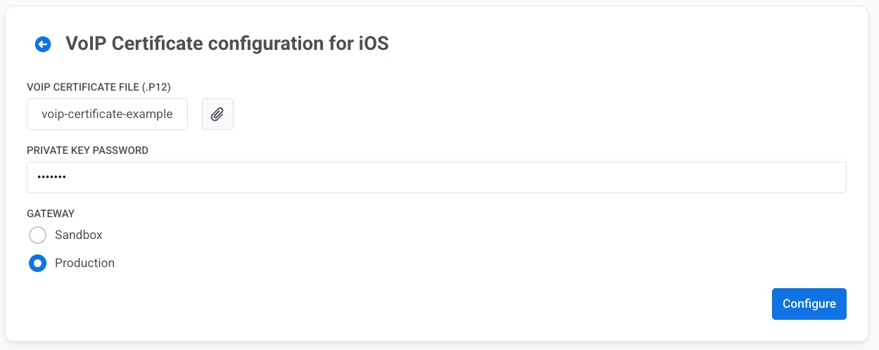แบบฟอร์มการกำหนดค่าใบรับรอง VoIP สำหรับ iOS พร้อมตัวเลือกการอัปโหลด .p12, ช่องรหัสผ่าน, ตัวเลือกเกตเวย์ และปุ่ม Configure