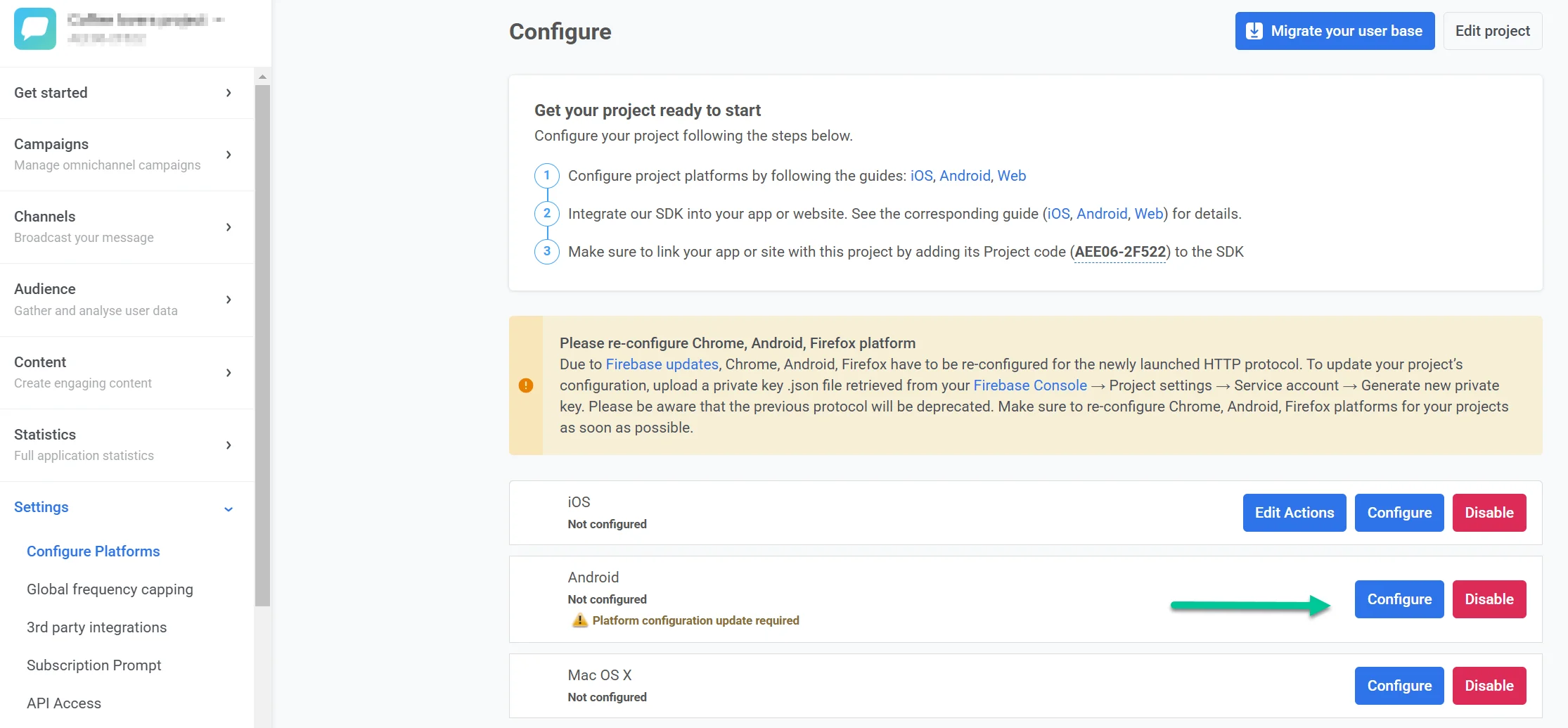 Pushwoosh 控制面板中的“配置平台”部分
