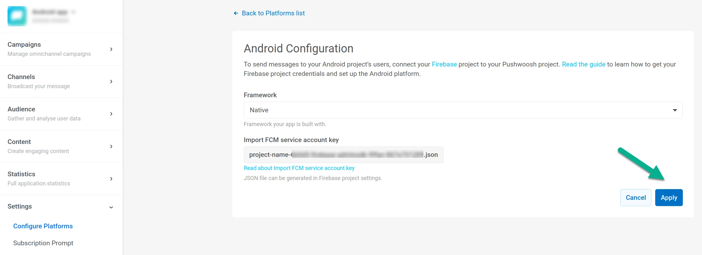 在 Pushwoosh 控制面板中完成 Android 平台配置