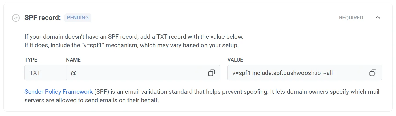 SPF रिकॉर्ड कॉन्फ़िगरेशन इंटरफ़ेस जो SPF मान और DNS रिकॉर्ड जोड़ने के लिए निर्देश दिखा रहा है।