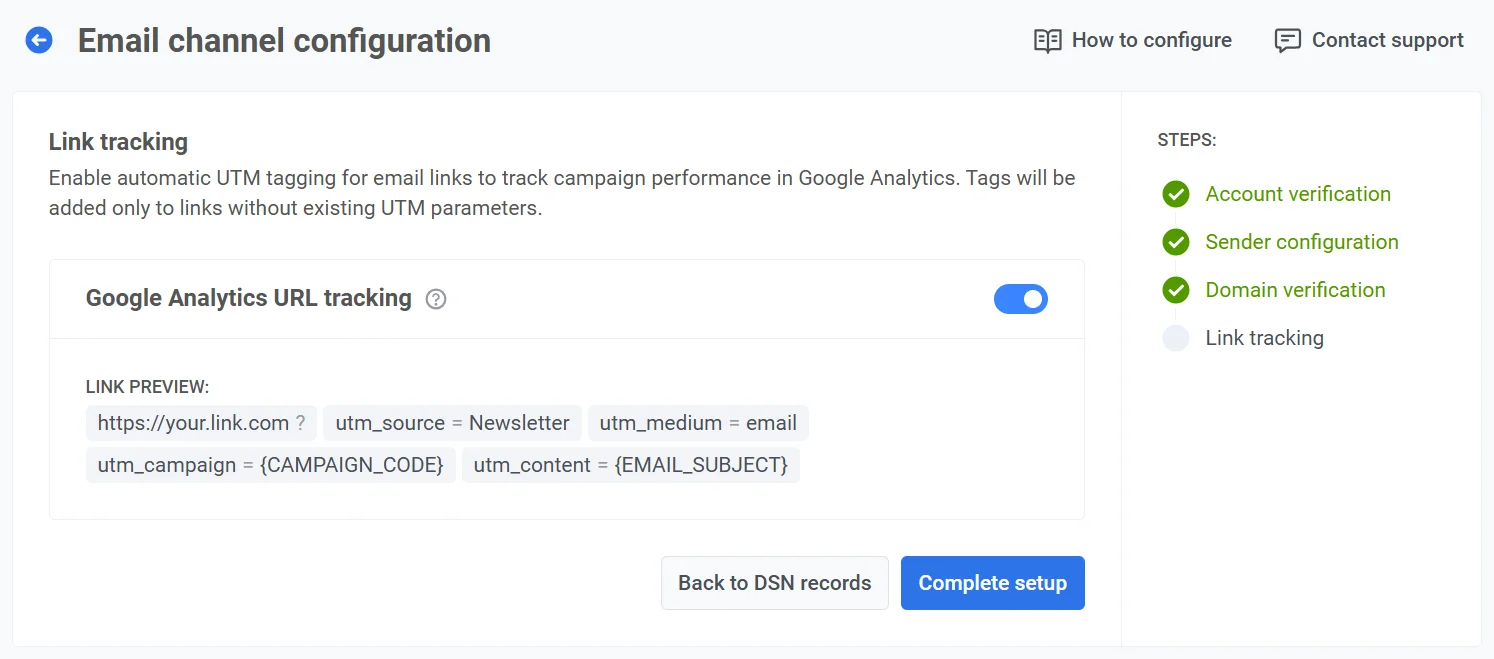 लिंक ट्रैकिंग कॉन्फ़िगरेशन इंटरफ़ेस जो UTM पैरामीटर और लिंक पूर्वावलोकन उदाहरण दिखा रहा है।