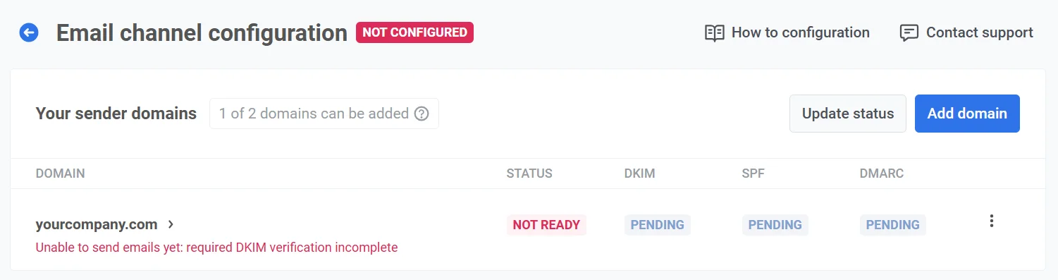 ईमेल प्लेटफ़ॉर्म स्थिति जो असत्यापित डोमेन चेतावनी संदेश दिखा रही है।