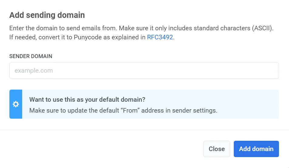 डोमेन प्रबंधन इंटरफ़ेस जो अतिरिक्त प्रेषक डोमेन जोड़ने के लिए डोमेन जोड़ें बटन दिखा रहा है।