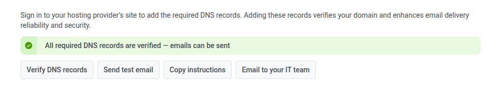 DNS records for a verified domain, showing the green all-required-records-verified banner above the Verify DNS records, Send test email, Copy instructions, and Email to your IT team buttons.