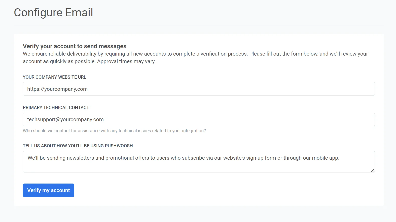 खाता सत्यापन फ़ॉर्म जो कंपनी की वेबसाइट URL और अन्य आवश्यक जानकारी के लिए फ़ील्ड दिखा रहा है।