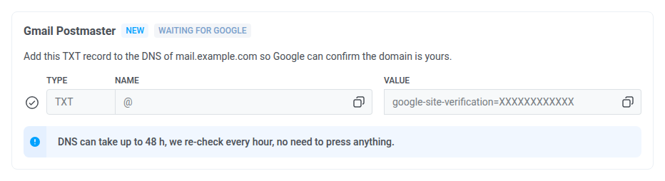 Gmail Postmaster block in Waiting for Google status, showing the TXT record with host @ and a google-site-verification value.