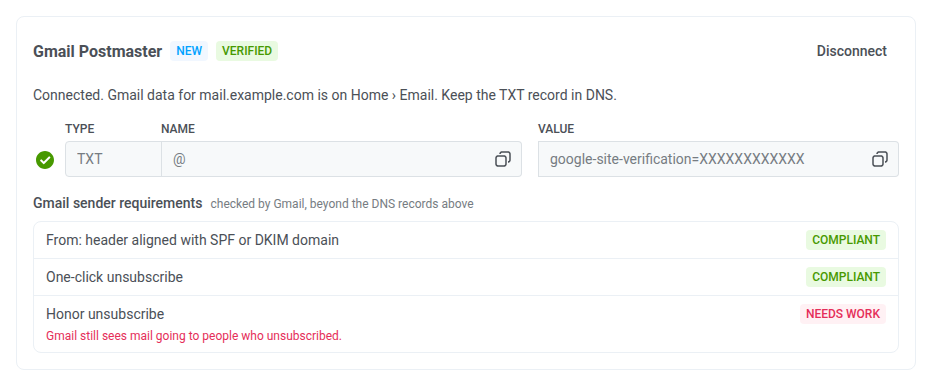 Verified Gmail Postmaster block with the TXT record and three Gmail sender requirements, one marked Needs work.