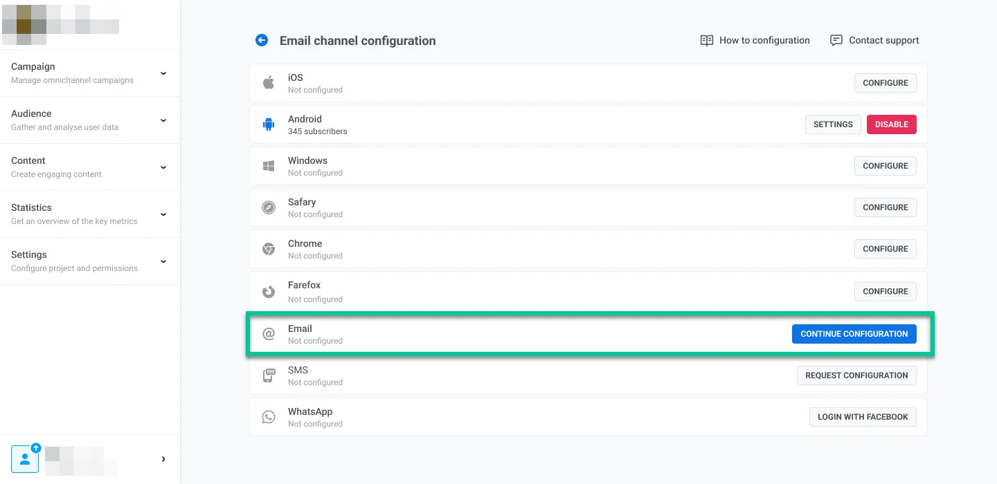 प्लेटफ़ॉर्म कॉन्फ़िगरेशन इंटरफ़ेस जो ईमेल प्लेटफ़ॉर्म के लिए कॉन्फ़िगरेशन जारी रखें बटन दिखा रहा है।