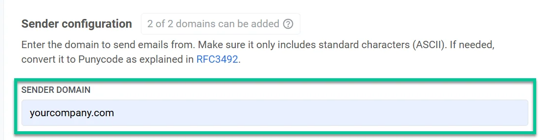 डोमेन कॉन्फ़िगरेशन इंटरफ़ेस जो एक प्रेषक डोमेन दर्ज करने के लिए फ़ील्ड दिखा रहा है।