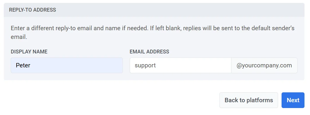 जवाब देने का पता कॉन्फ़िगरेशन फ़ॉर्म जो जवाब देने का नाम और ईमेल पते के लिए फ़ील्ड दिखा रहा है।