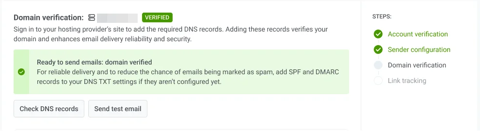 डोमेन सत्यापन स्थिति इंटरफ़ेस जो DNS रिकॉर्ड जांचें बटन और सत्यापन स्थिति दिखा रहा है।