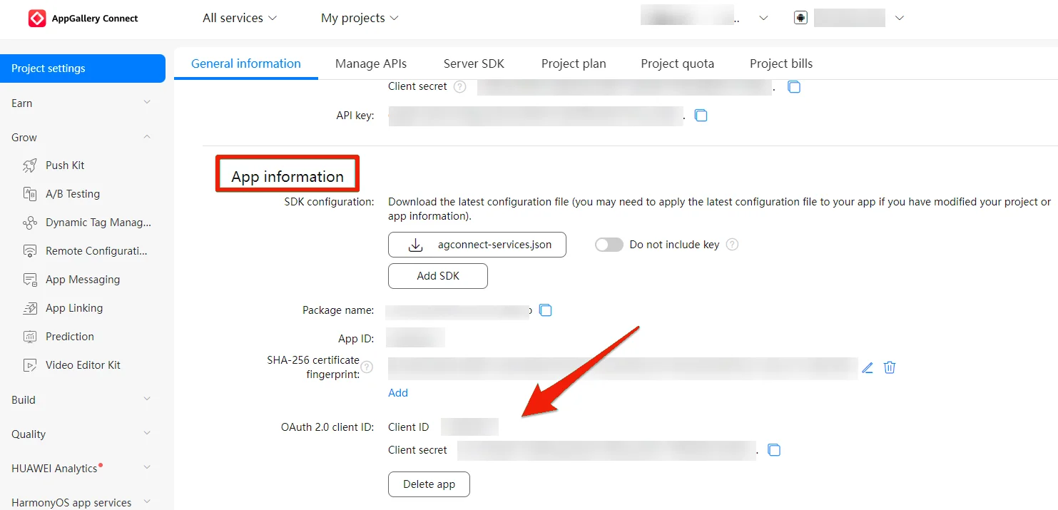 Huawei AppGallery Connect с информацией о приложении, включая Client ID и Client secret