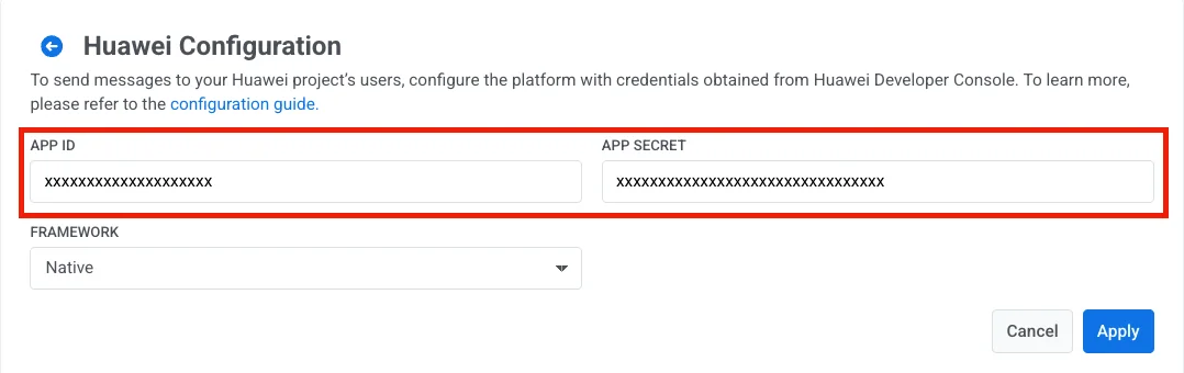 Экран настройки Huawei в Pushwoosh.