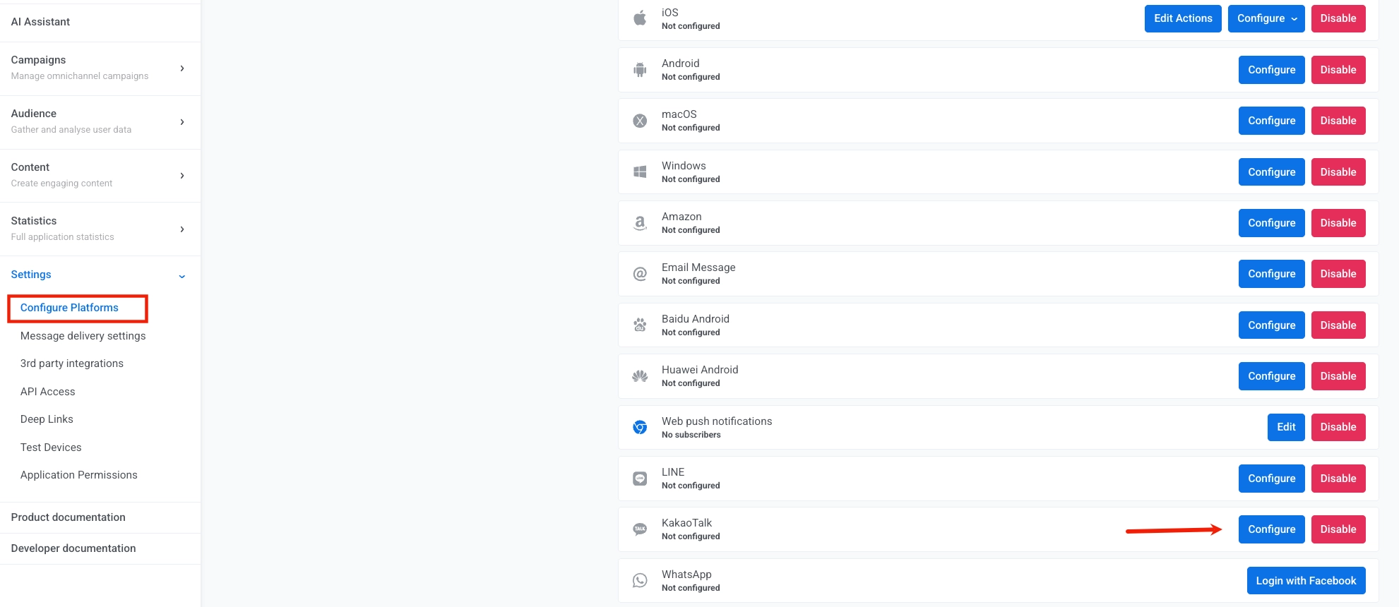 KakaoTalk platform in the Configure Platforms list