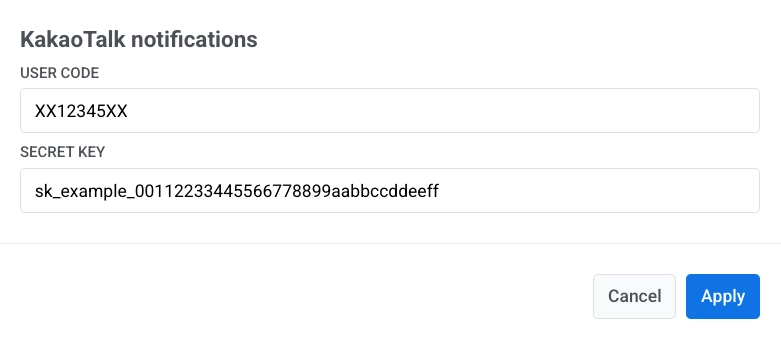 KakaoTalk configuration modal with User Code and Secret Key fields
