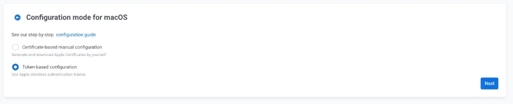 Configuration mode for macOS with Token-based configuration selected and Next button