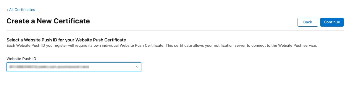 Seleção de ID de Push de Site no Portal do Desenvolvedor Apple