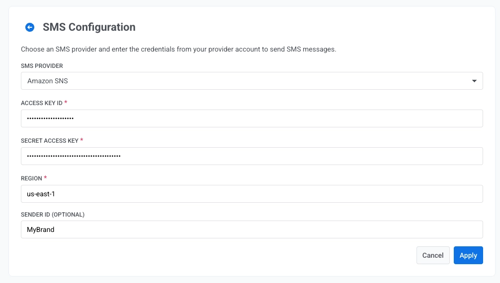 SMS provider credential fields in the configuration form