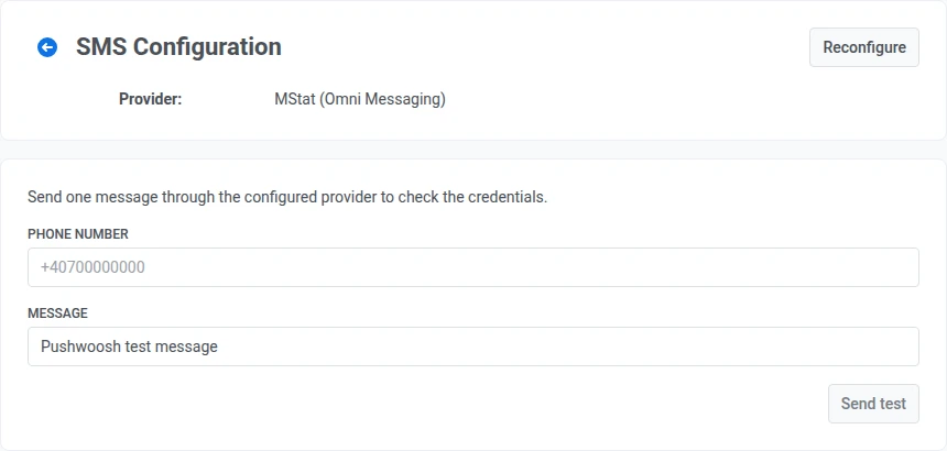 SMS provider credential fields in the configuration form