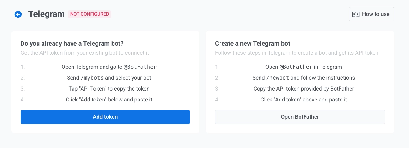 Telegram integration screen in Configure platforms with Add token and instructions for BotFather.