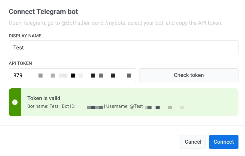 Connect Telegram bot dialog with Display name, API token field, Check token, Cancel, and Connect.