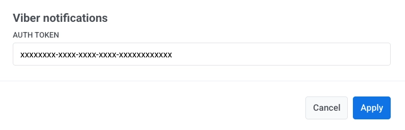Viber notifications dialog with AUTH TOKEN field, Cancel button, and Apply button.
