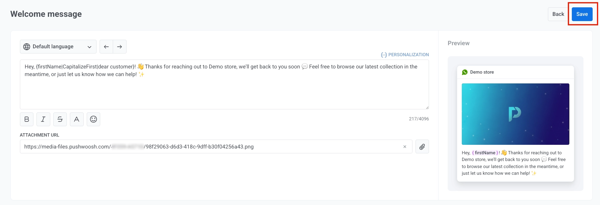 Welcome message editor with language selector, Personalization button, text, formatting toolbar, attachment URL, Save, and WhatsApp preview