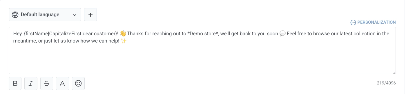 Personalization popover with Tag firstName, CapitalizeFirst modifier, Default tag value dear customer, and Insert