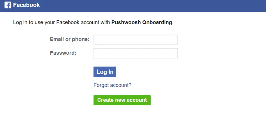 شاشة تسجيل الدخول إلى فيسبوك لإعداد تكامل واتساب مع Pushwoosh.