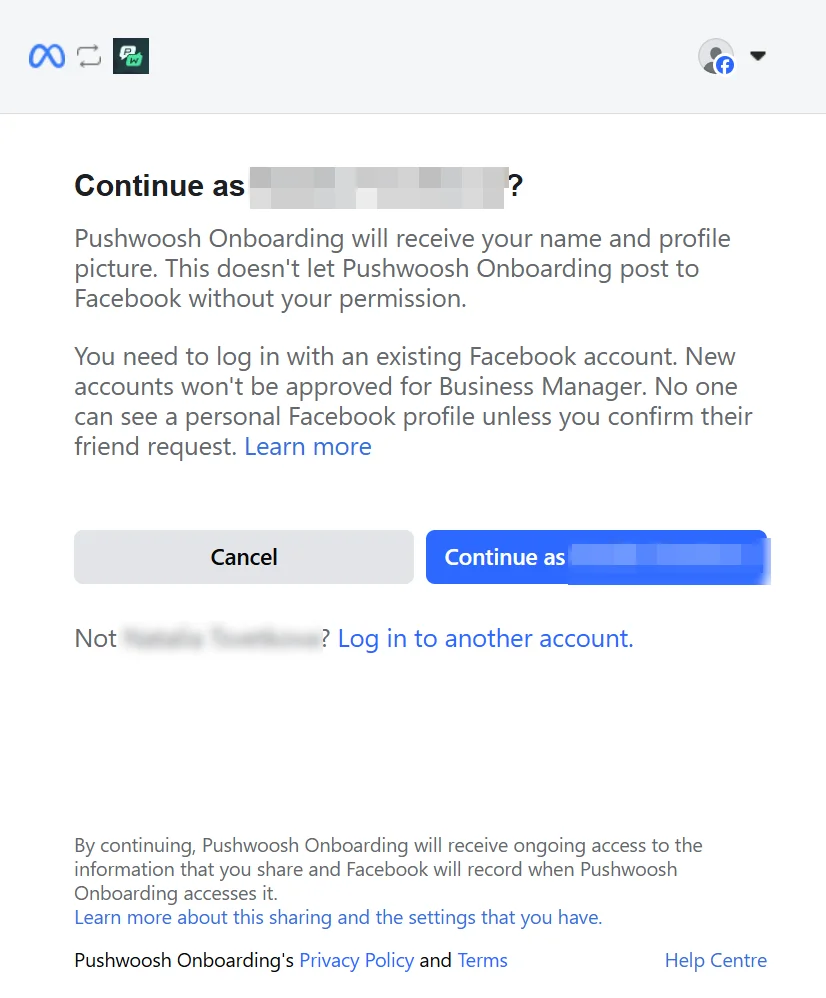 شاشة تأكيد ملف فيسبوك الشخصي تعرض معلومات المستخدم قبل منح Pushwoosh الإذن بالوصول.