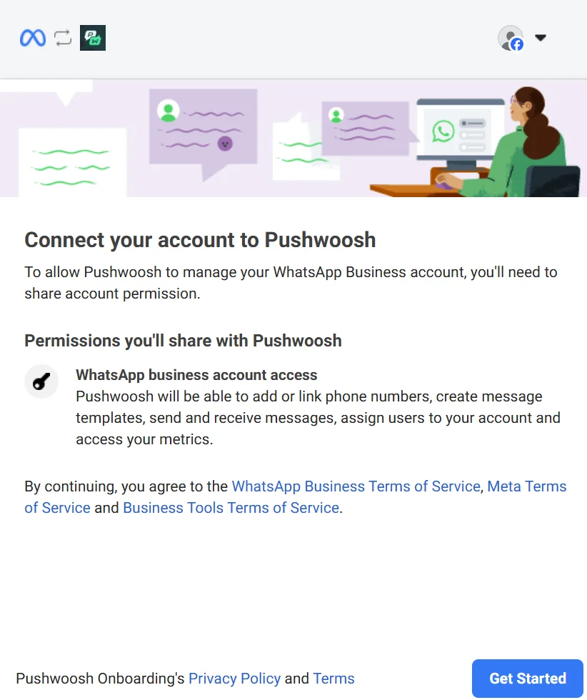 شاشة طلب أذونات Pushwoosh تعرض الوصول المطلوب لإرسال رسائل واتساب.