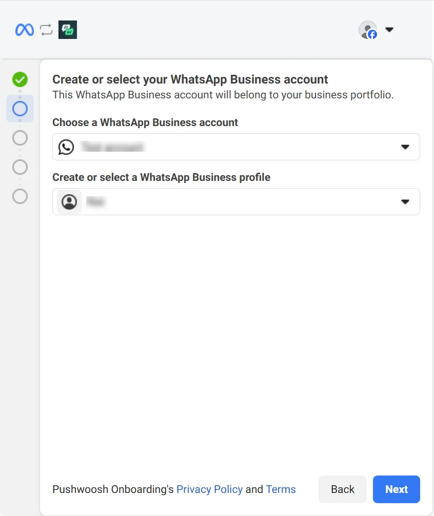 القائمة المنسدلة لاختيار حساب واتساب للأعمال وخيارات إنشاء ملف الأعمال.