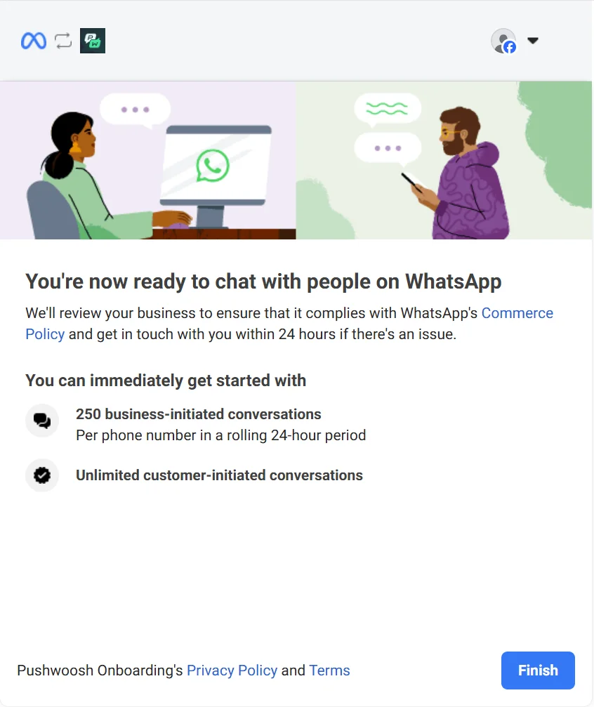 شاشة تأكيد إكمال إعداد واتساب مع الخطوات التالية لمراجعة أعمال فيسبوك.