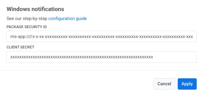 Windows 平台配置表单,包含 Package Security ID 和 Client Secret 字段。