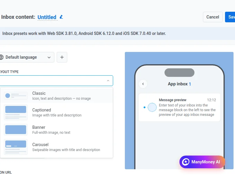 Layout type dropdown in the App Inbox preset editor showing Classic, Captioned, Banner, and Carousel options with descriptions