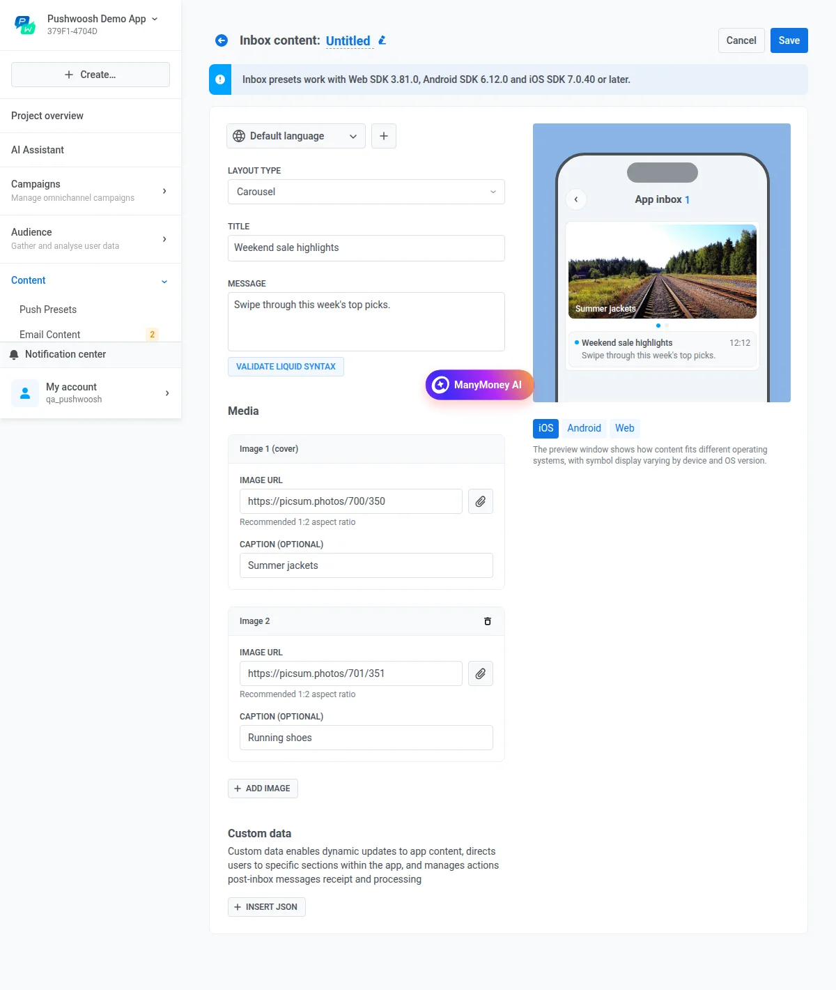 Carousel preset with two filled slides, each with an Image URL and Caption, the Add image button, and the resulting swipeable preview