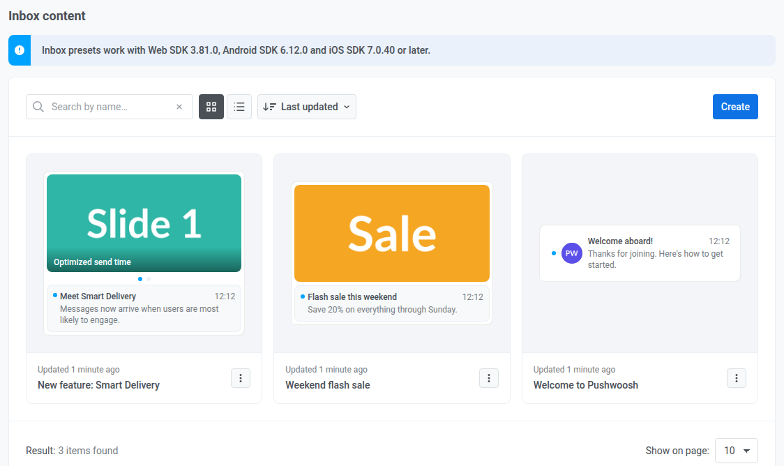 Inbox content list under Content with Create ready to start a new App Inbox preset