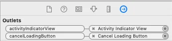 Xcode interface showing outlet connections for LoadingView custom properties
