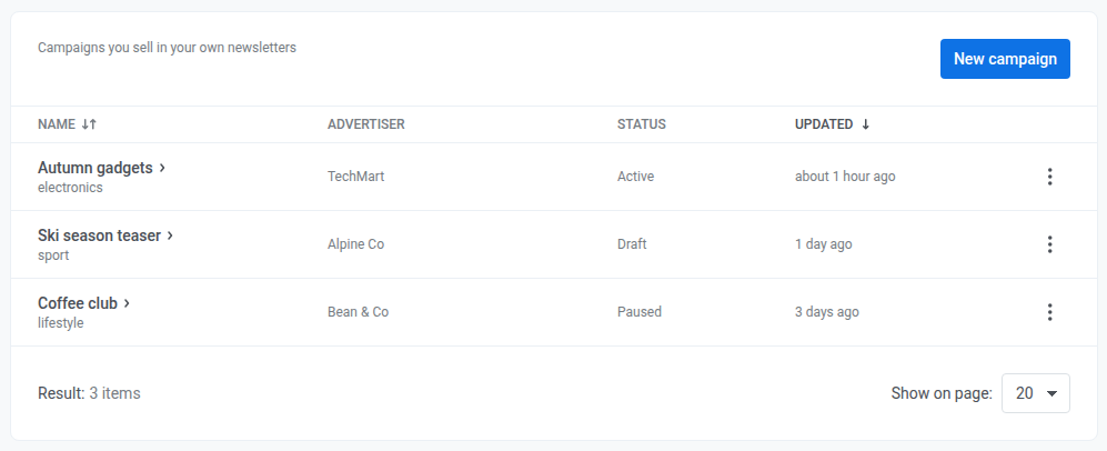Email ad inventory list with three campaigns showing Name, Advertiser, Status, and Updated columns, and a New campaign button