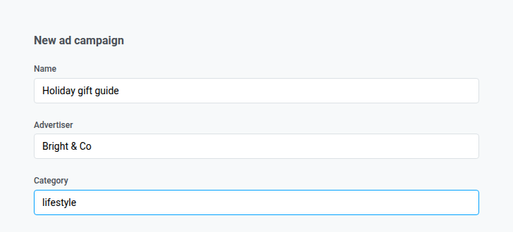 New campaign form with Name, Advertiser, and Category fields filled in