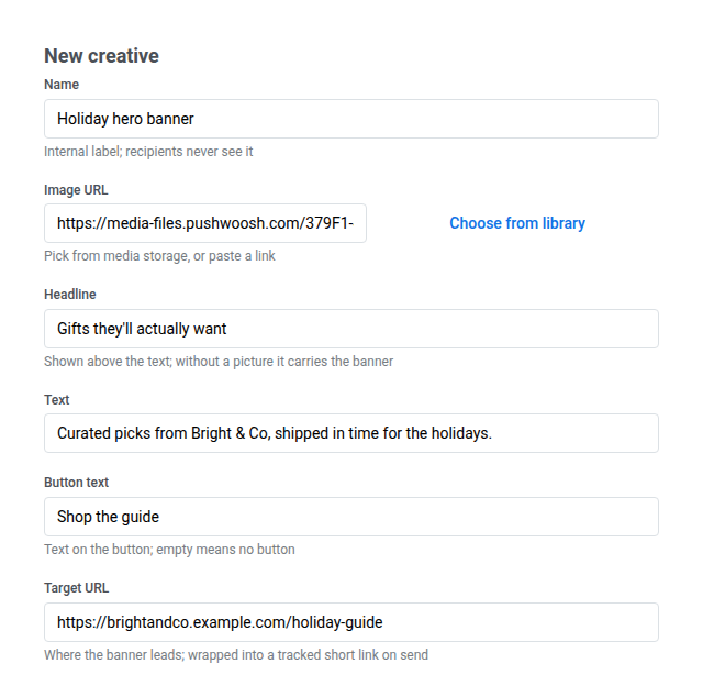 Add creative form with Name, Image URL, Headline, Text, Button text, and Target URL filled in