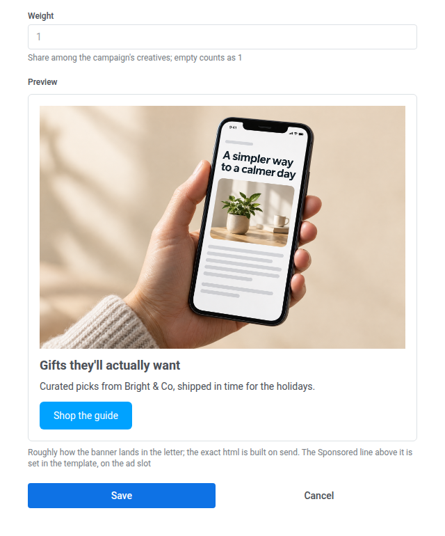 Add creative form's Weight field, Preview, and Save button