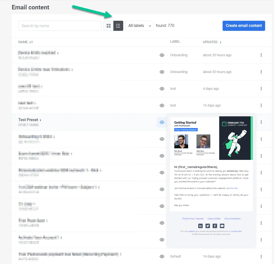 ইমেল কন্টেন্ট তালিকা ভিউ যা টাইলস এবং তালিকা ভিউ বিকল্পগুলি দেখাচ্ছে