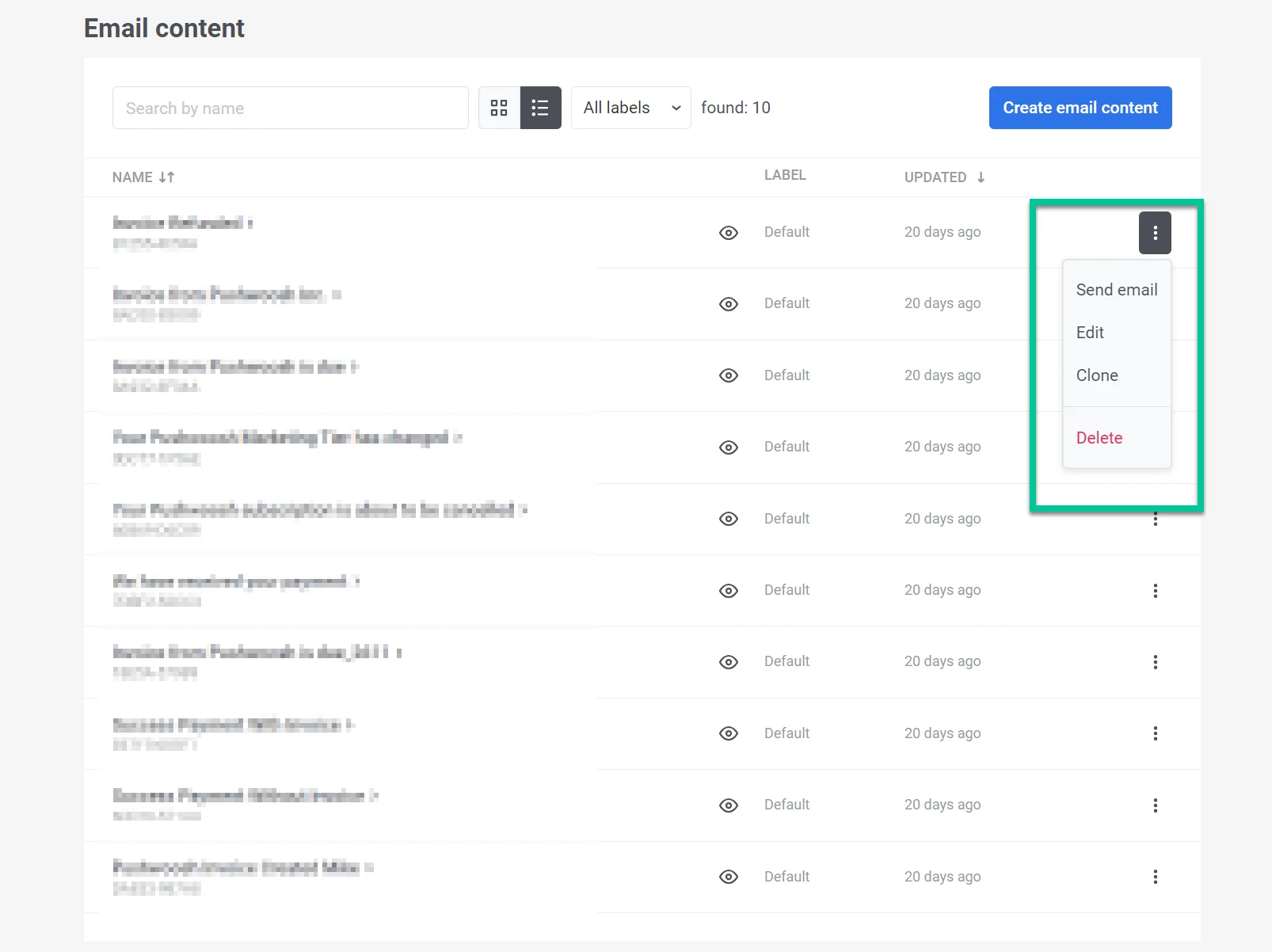 ইমেল কন্টেন্ট পরিচালনার বিকল্পগুলি যা সম্পাদনা, ক্লোন, মুছে ফেলা এবং পাঠানোর ক্রিয়াগুলি দেখাচ্ছে