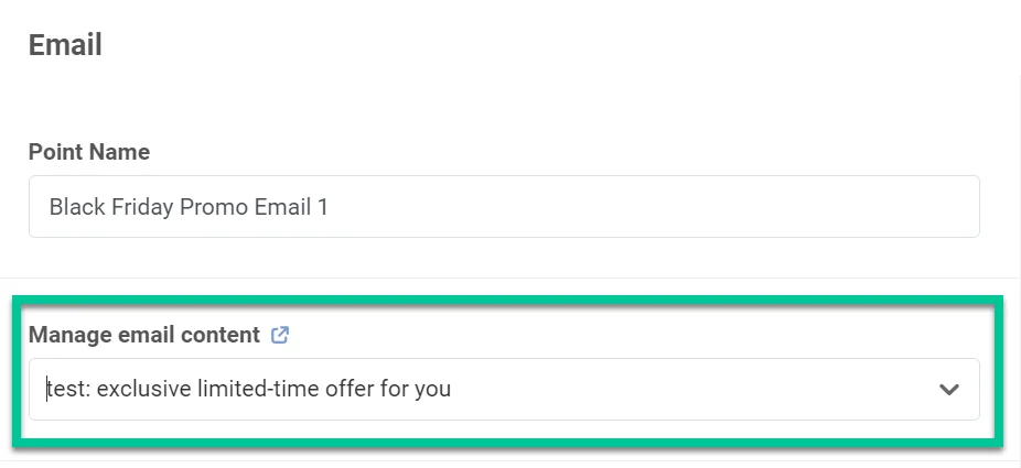 কাস্টমার জার্নি ইমেল এলিমেন্ট নির্বাচন যা ইমেল কন্টেন্ট ড্রপডাউন দেখাচ্ছে
