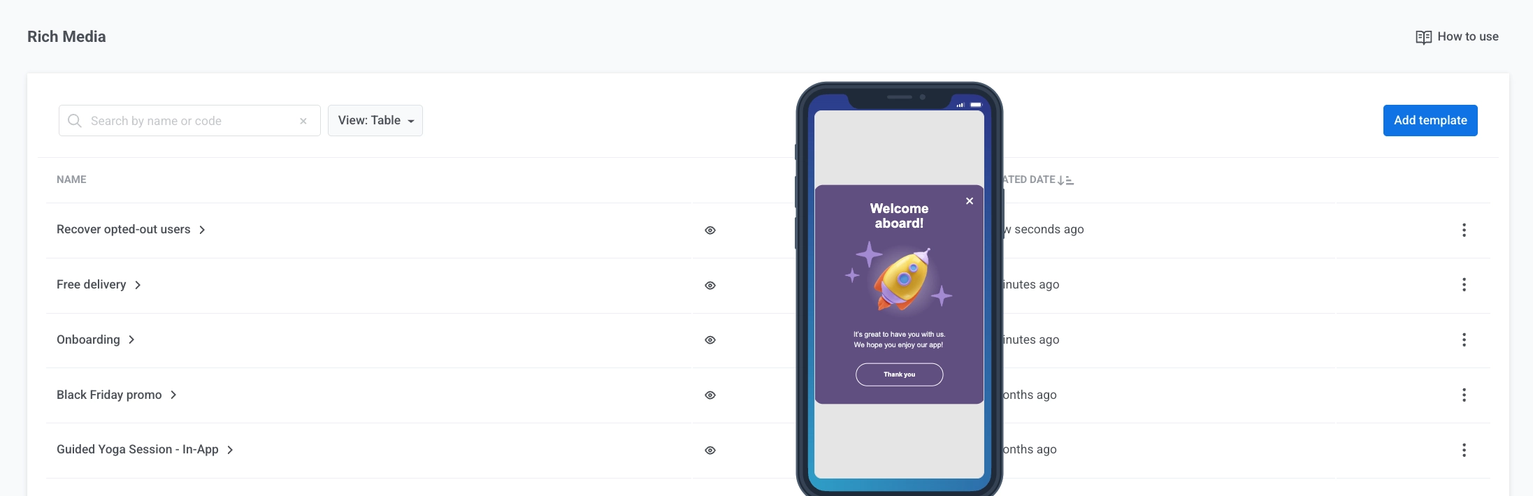 Seite 'Content In-apps (Rich media)', die eine Liste von In-App-Vorlagen mit Vorschau-, Bearbeitungs- und Statistikoptionen zeigt