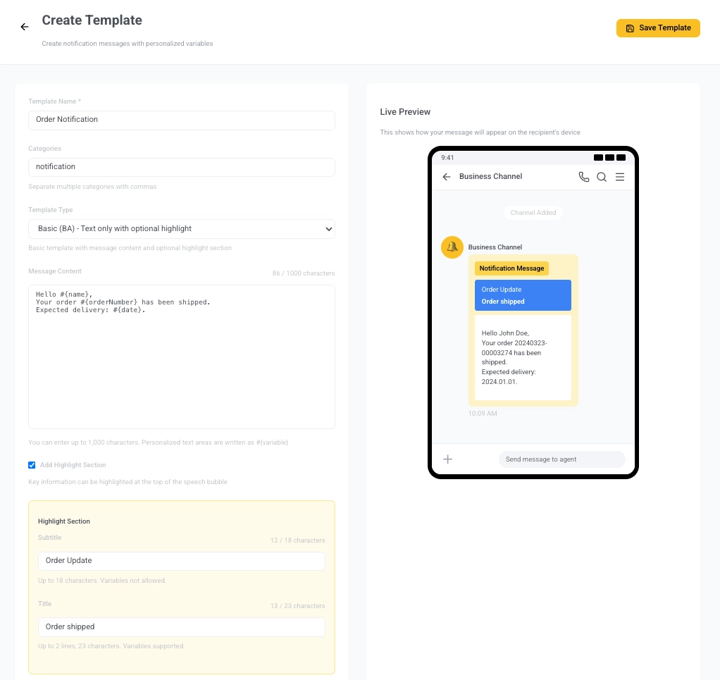 Highlight section configuration in Kakao template editor