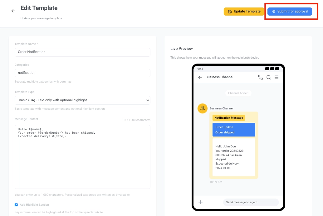 Submit for approval button in Kakao template editor