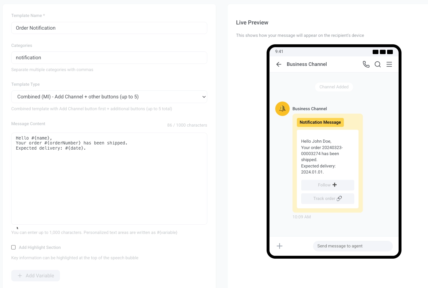Live Preview of Combined (MI) template with Add Channel and action buttons